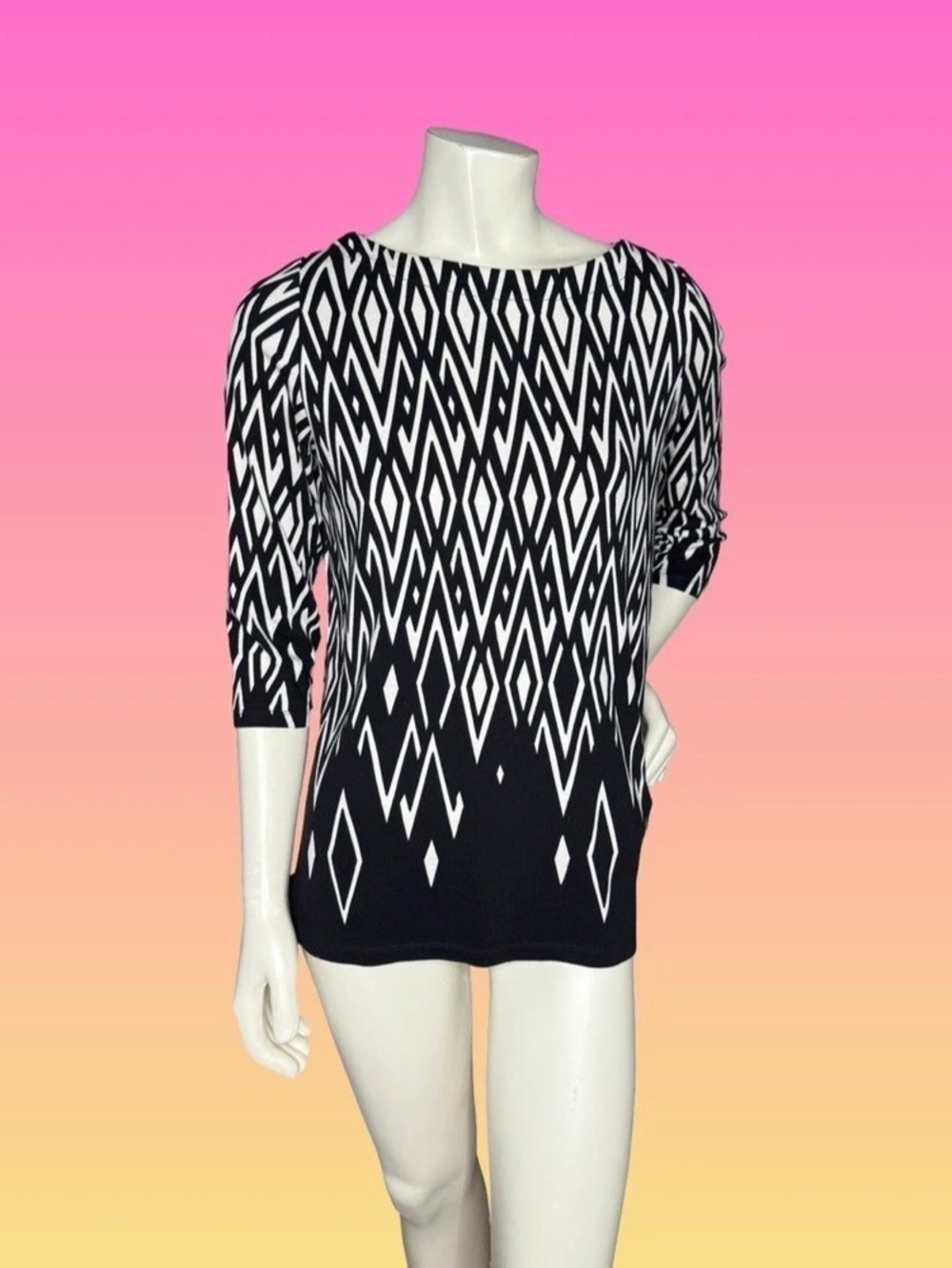 Rafaella Black and White Geometric Diamond Print 3/4 Sleeve Tunic Top